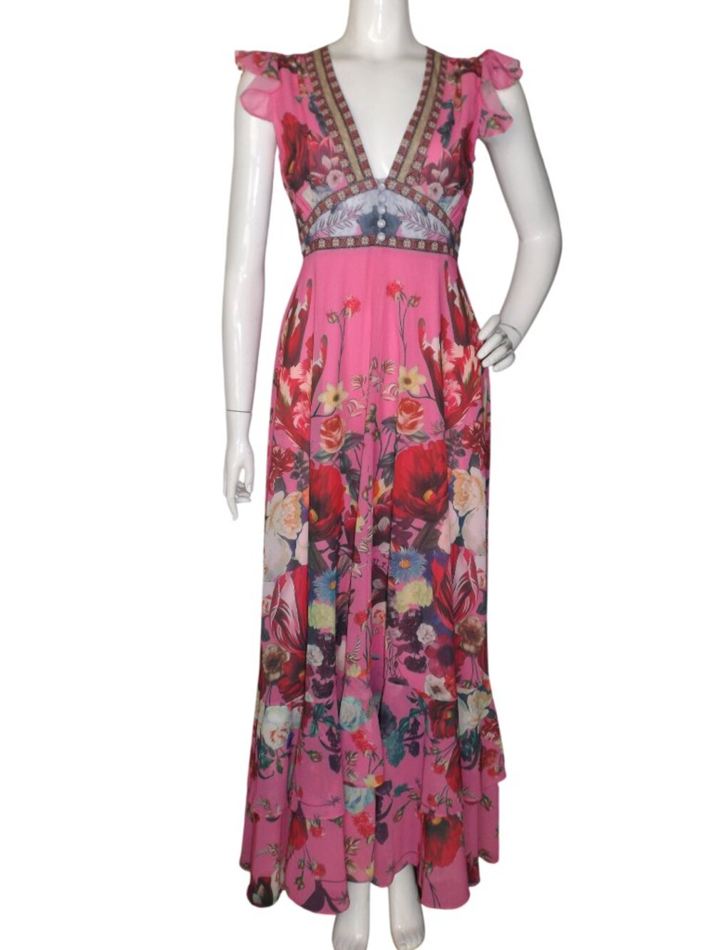 new DALIA MacPHEE Dress, S, Maxi, Pink/Multicolor floral, Sleeveless w/Flutter